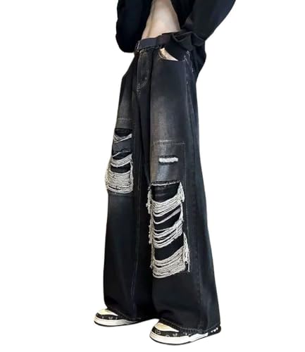 chouyatou Men's Y2k Ripped Wide Leg Jeans High Waist Baggy Street Denim Pants with Pockets