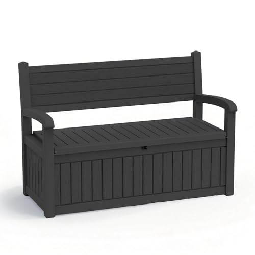 EasyUp 100 Gallon Wood Grain Style Outdoor Storage Bench Waterproof and Lockable Deck Box Outdoor Storage Furniture for Patio Garden and Porch Perfect for Storing Garden Tools and Cushions(Black)