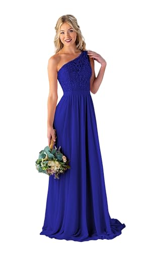 Image of Women's One Shoulder Bridesmaid Dresses Long for Wedding with Pockets Lace Bodice A-Line Chiffon Formal Party Gown