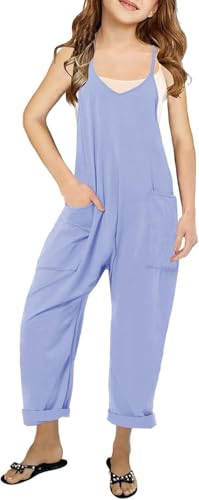 Haloumoning Mädchen Ärmellose Jumpsuits Spaghetti Strap Freizeit Baumwolle Overalls Kinder Sommer Lose Romper Hosen mit Taschen, Himmelblau, 9-10 Jahre