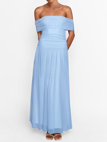 Image of MASCOMODA Women Off The Shoulder Mesh Maxi Dress Bodycon Ruched Formal Sleeveless Pleated Cocktail Wedding Guest Long Dresses