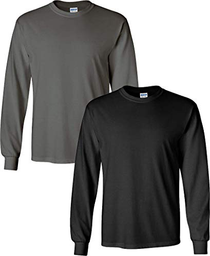 Image of Gildan Men's Ultra Long Sleeve Rib-Knit Cuffs T-Shirt (2-Pack) SML /Charcoal+Black