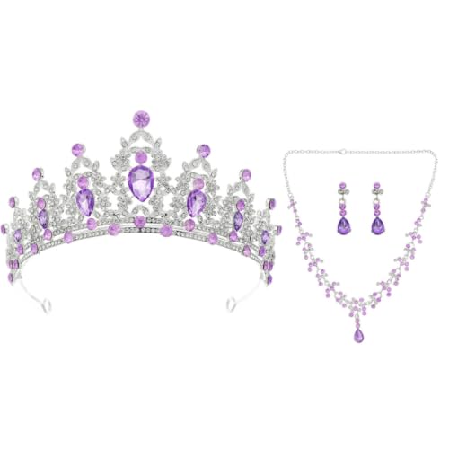 Conjunto de Joyas Púrpura con Collar Pendientes y Corona de Boda