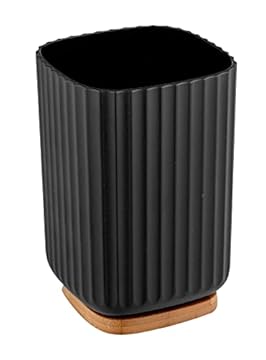 Wenko Bicchiere Porta Spazzolini Rotello, Bicchiere per Spazzolini in Plastica e Fondo di Bambù, per Riporre Accessori Dell’Igiene Orale con Pratico Design Rigato, Ø 8,6 X 11,1 Cm, Nero/Naturale