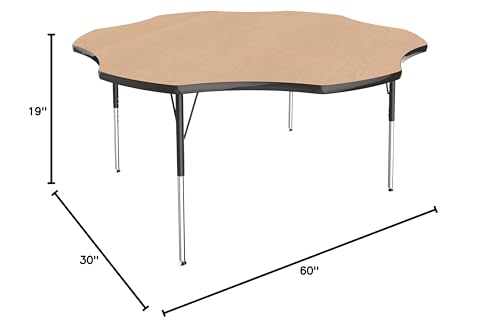 Image of FDP Flower Activity School and Office Table (60 inch), Standard Legs with Swivel Glides for Collaborative Seating Environments, Adjustable Height 19-30 inches - Maple Top and Black Edge