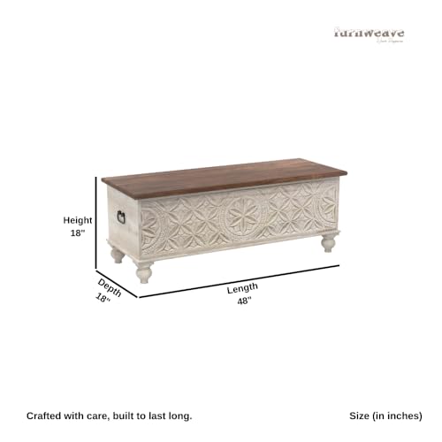 Image of Wooden Trunk Box for Storage | Solid Wood Coffee Table for Living Room | Handcrafted Center Tea Table with Sandook Storage for Living Room | Pitara for Home & Bedroom (Off White Distress)