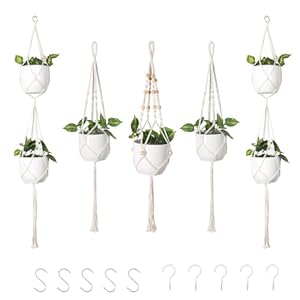 DXRPO Macramé bloemenhanger, 5 stuks, macramé, bloemenhanger, hangend binnen, boho-decoratie, katoenen touw, hanglamp, bloempot voor planten voor binnen en buiten, plafond, balkon, decoratie (beige, 5