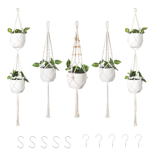 DXRPO Hängetöpfe für Pflanzen, 5 Stück, Blumentöpfe zum Aufhängen, für Innen- und Außenbereiche, Balkon, Dekoration mit Haken (beige)