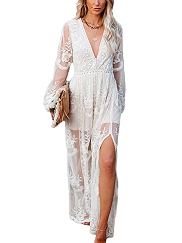 Minetom Damen Kurzarm V-Ausschnitt Retro Sommer Spitzen Strandkleid Maxi Kleider Boho Lang Lose Sommerkleid M Weiß 38