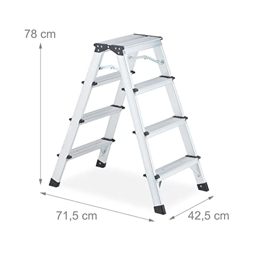 Relaxdays Trittleiter, 4 Stufen, klappbare Bockleiter, Alu, beidseitig begehbar, bis 120 kg, Stehleiter, Silber/schwarz