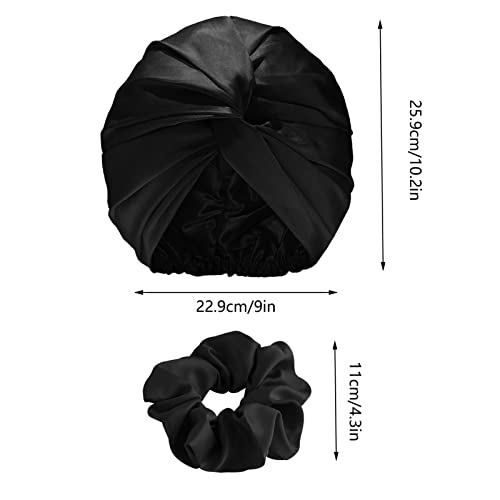 Satin Hair Wrap for Sleeping Bonnet Double-Sided Sleep Cap Sleep Turban Hair Bonnet with 2 Pcs Hair Scrunchies for Curly Hair Women Sleep Cap with Elastic Bow Stay On Head - Image 3