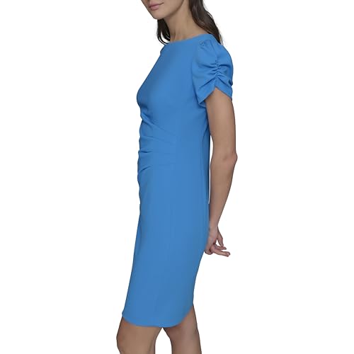 KARL LAGERFELD Women's Short Ruched Sleeve Jewel Neck Sheath Mini Dress3