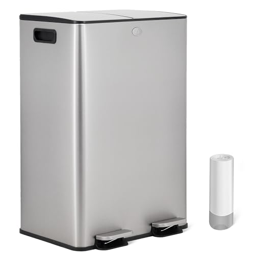 Vidacharmy -Recycling Bin, Double Bin, Anti-Fingerprint Stainless Steel, with Soft-Close Lid and Pedal, Includes 20 Bin Bags, Separate Compartments for Recycling and Trash (2x20L)