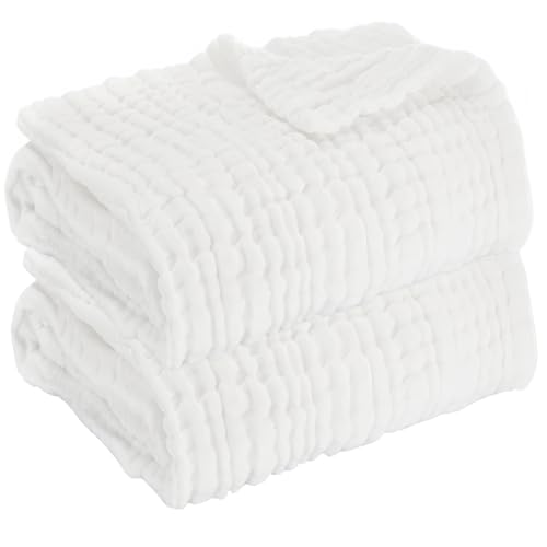 Image of Aablexema Muslin Baby Blanket Set of 2, 6-Layer 43 x 43 Inches Newborn Toddler Bath Towel Swaddle Wrap Blankets for Boys Girls(White)