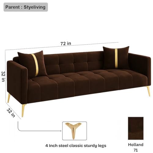 Image of FURNY Styliving 3 Seater Velvet Fabric Sofa Set (Brown) with Golden Finish Legs | Durable & Comfortable | Ideal for Living Room