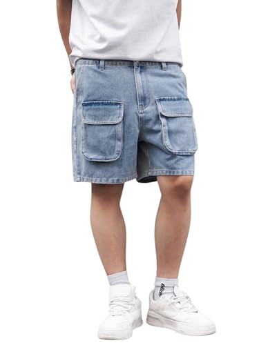 Image of GRECIILOOKS Denim Cargo Shorts for Men Stylish | Washed Jeans Half Pant for Men | Knee Length Cargo Shorts for Mens | Regular Fit Mens Pant Casual, Utility Streetwear Jorts, Travel Summer Wear