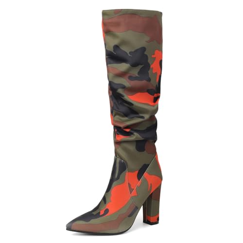 Bottes hautes camouflage pour femmes à talon épais de 10 cm