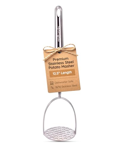 Millvado Potato Masher Stainless Steel, Best Mashed Potatoes Masher Kitchen Tool, Potato Smasher For Potatoe, Avocado, Sweet Potato, Beans, Large Heavy Duty Metal Mashing Utensil, 12.5 Inch