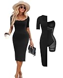 Ninimour Built-in Removable Shapewear Bra Pad Bodycon Midi Dress Knitted Ribbed Square Neck Short Sleeve Basic Party Dresses-bk-XL A-Black