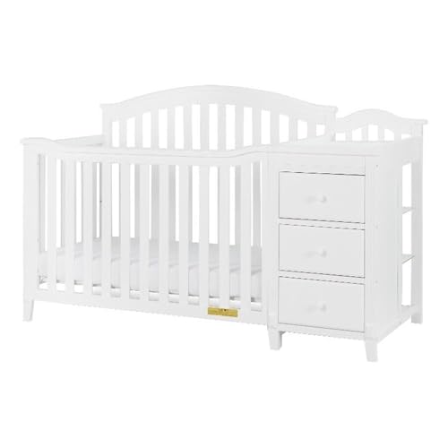 Image of Pemberly Row 4-in-1 Convertible Crib & Changer, Solid Pine Wood, White Finish, Arched Headboard, 3-Level Mattress Adjustments, Includes Changing Pad, Space-Saving Baby Station with Drawers & Shelves