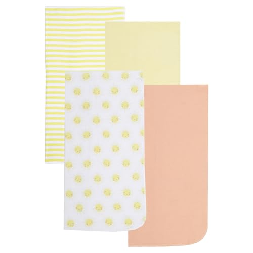 Image of EVERYDAY KIDS 4 Pack of Soft Flannel Receiving Baby Blanket Set for Girls and Boys; Yellow and Peach Orange Baby Swaddle Blankets with Smiling Sun Designs for Newborn Baby Girl or Boy Nursery