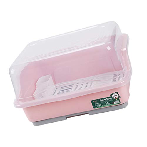 DOITOOL Escurridor de platos con tapa para encimera de cocina, soporte para utensilios de cocina, bandeja de secado, bandeja para cubiertos y escurridor, color rosa