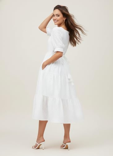 Image of Her Couture Cotton Midi Schiffli Embroidered Dress with Attached Belt