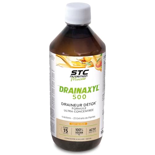 STC NUTRITION - Drainaxyl 500-4 actions : Brûle-graisses, Digestion ventre plat, Circulation jambes légères, Drainant, Détoxifiant - 23 Extraits de plantes dont Elim'Real® - Goût thé pêche - 500ml