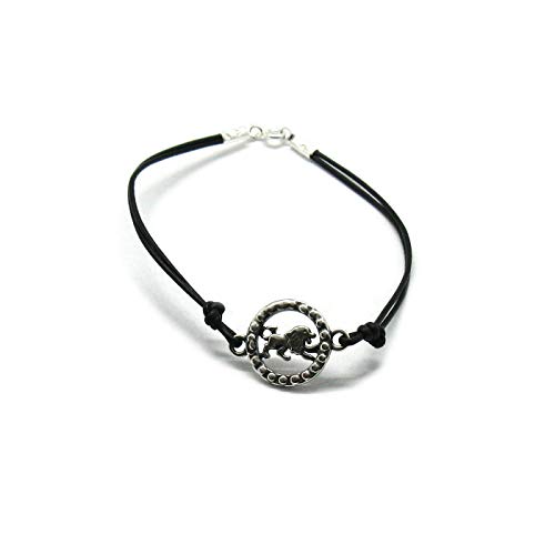 Bracelet en argent massif 925 signe du zodiaque Lion et cuir véritable