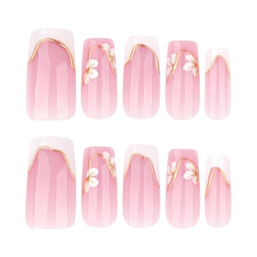 Image of 24Pcs White French Tip Press on Nails Flower Fake Nails with 3D Gold Line Design Medium Square Stick on Nail Glossy Full Cover Nail for Women Manicure