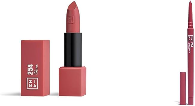 3INA MAKEUP - The Lipstick 254 + The Automatic Lip Pencil 254 - Dark Pink Nude - Lipstick with Vitamin E & Shea Butter + Waterproof Lip Liner   Vegan   Cruelty Free