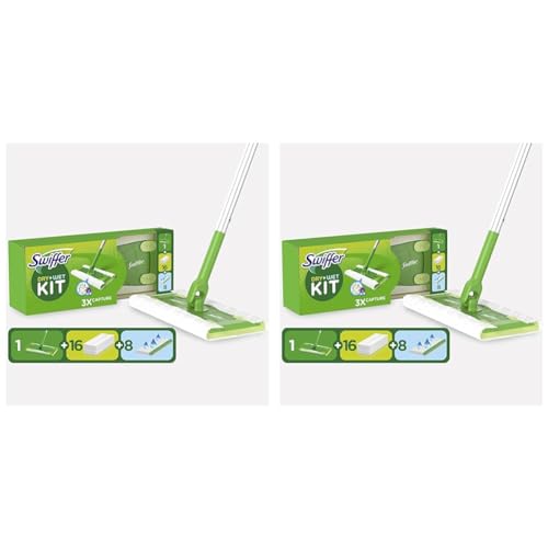Swiffer Mopa Limpiador En Seco Y Húmedo Kit Básico para Limpiar Madera Y Suelos, con: 1 Mopa, 16 Paños Secos, 3 Paños Húmedos (Paquete de 2)