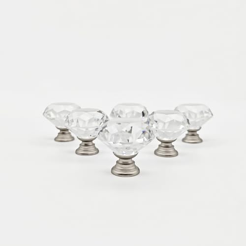 YEMCHI 6 Pack Crystal Cabinet Knobs Brushed Nickel, Clear 30MM Diamond Glass Decorative Pull Handles for Dresser Drawers, Modern Kitchen Bathroom Furniture Hardware (Nickel Base, Small)