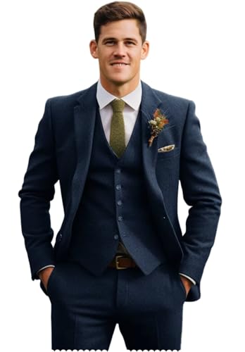 Men Suit Herringbone Tweed 3 Piece Set Slim Fit Wedding Groomsmen Tuxedo Solid Jacket Vest Pants