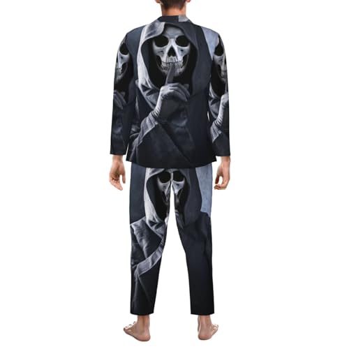 Grim Reaper Showing Hush Sign Mens Pajamas Set Button Down Sleepwear Set Long Sleeve Loungewear With Pockets2