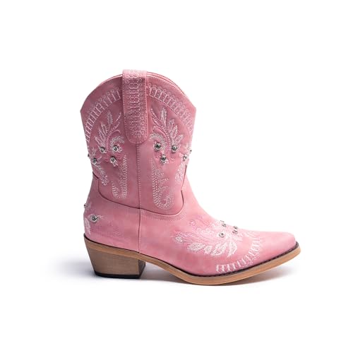 Image of Cusolemore Cowboy Boots for Women, Cowgirl Boots with Sparkly Embroidered Rhinestones, Short Western Ankle Boots for Women with Side Zipper Pull On