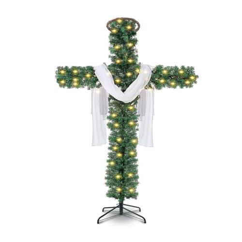 JOYWU Cross Easter Tree with LED Lights 5ft/6ft Lighted Cross Shape Christmas Tree with Rattan Ring & Silk Scarf for Decoration Easy Assembly Indoor Holiday Decor for Easter Christmas (1.5m/5ft)