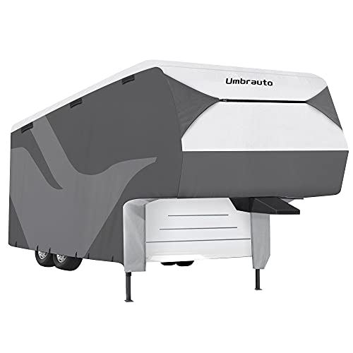 Promo 40% OFF Umbrauto Upgraded Heavy Duty Fifth Wheel Cover Anti-UV Top with 4 Layers Non-Woven Sides Durable Breathable Deluxe Camper Trailer Covers Ripstop with Adhesive Repair Patch, Gray/White