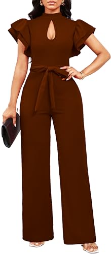 SxClub Brown Jumpsuit for Women Dressy High Neck Ruffles Long Pants Rompers
