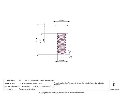 Allied Titanium 0032349, (Pack Of 10) 1/4-20 X 5/8 Unc Socket Head Titanium Machine Screw, Grade 2 (Cp) #TOP2