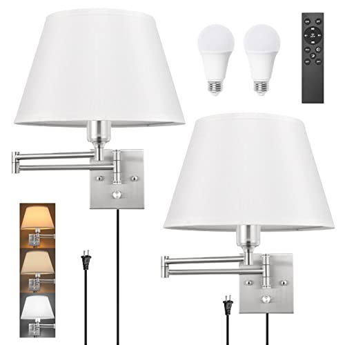 Image of TRLIFE Dimmable Wall Sconce with Remote Control, Adjustable Color Temperature 2700K-6500K and Dimming 10-100% Swing Arm Wall Lights with Plug in Cord, 11.8 inch Large White Fabric Shade(2 Pack, 2 Bulbs)