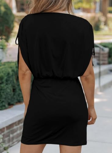Image of Dokotoo Womens 2024 Summer Dress Drawstring Cap Sleeve Crew Neck Wrap Bodycon Dresses Mini Short Dress