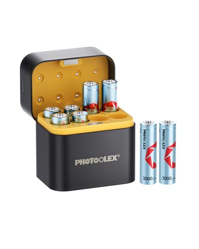 PHOTOOLEX Baterías de litio recargables AA 8 unidades con cargador, 3000 mWh de alta capacidad de 1,5 V voltaje de salida aa, batería doble A de iones de litio con carga integrada y caja de