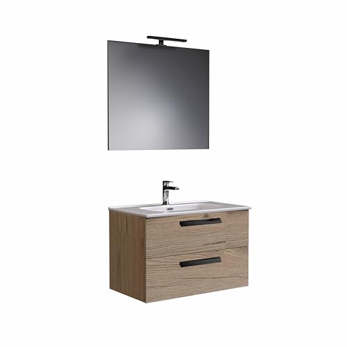 Mobile bagno TEIA1 80cm Doppio Cassetto con lavabo, specchio e lampada QUERCIA NATURALE – MaMa Store