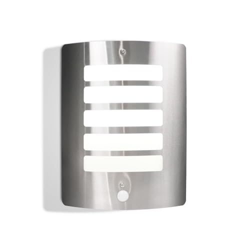EXTRASTAR Stainless Steel PIR Motion Sensor Outdoor Wall Light, IP44 Waterproof, Compatible with E27 Bulb (Bulb Not Included), Adjustable Brightness & Time for Garden, Patio, Porch, Garage