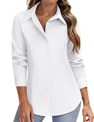 Zeagoo Camisa de Mujer Elegante de Manga Larga Camisa Botón Básicos Business Tops para Trabajo Sin Planchar Estirables Blusa Color Liso con Escote en V Camisa Blanco L