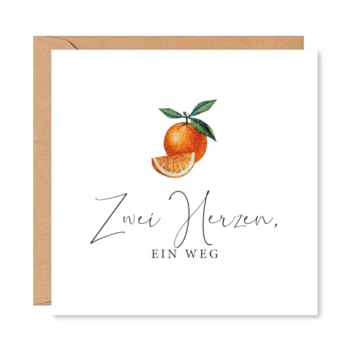 Kartka weselna z pomarańczami – dwa serca – kartka z życzeniami, prezent ślubny dla pary młodej i prezent pieniężny na ślub, kwadratowa składana kartka 15 x 15 cm z kopertą, dla mężczyzn, kobiet i par