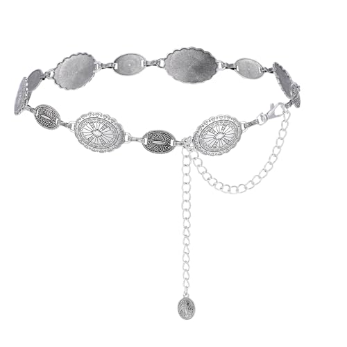 Western Concho Chain Belt Oval Antique Silver Waist Chain for Women Vintage Cowgirl Adjustable Metal Belly Accessories Retro Design Ornaments for Dress Jeans Country Concert Outfit