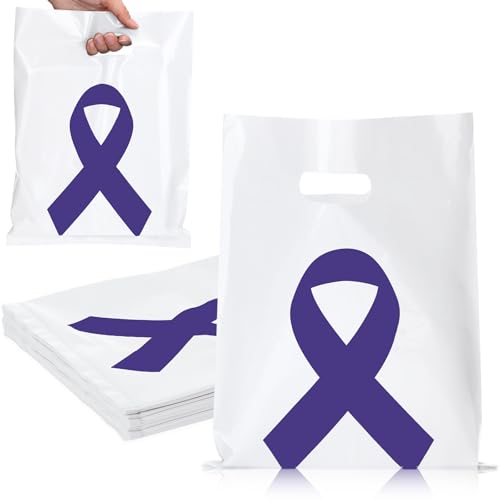 Kolldenn 50 Pcs Purple Ribbon Awareness Plastic Gift Bags with Handles