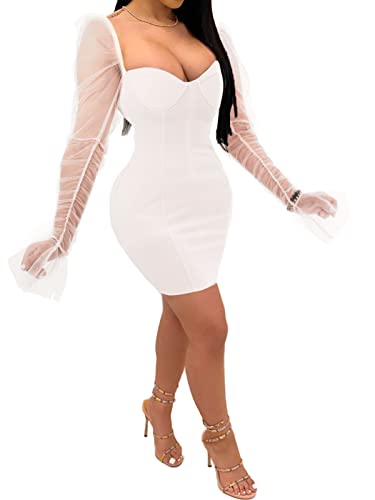 Image of Uni Clau Women Sexy Mesh Sheer Puff Long Sleeve Mini Dress Bodycon Deep V Neck Patchwork Party Clubwear Dress
